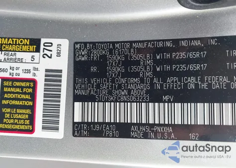 2022 Toyota Sienna Xle z USA, uszkodzony, nr VIN 5TDYSKFC8NS063233